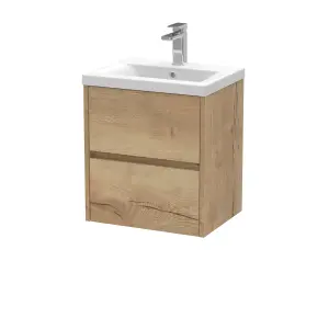 Edge Square Wall Hung 2 Drawer Vanity Unit & Ceramic Basin, 500mm - Woodgrain Autumn Oak - Balterley