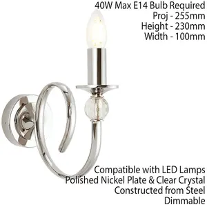 Luxury Traditional Curved Arm Wall Light Bright Nickel & Crystal Dimmable Candle