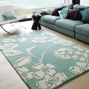 Blue Floral Wool Handmade Modern Easy to Clean Bedroom Dining Room And Living Room Rug -80cm X 150cm