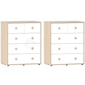 Junior Vida Neptune White & Oak 5 Drawer Chest Of Drawers Cabinet, Set of 2