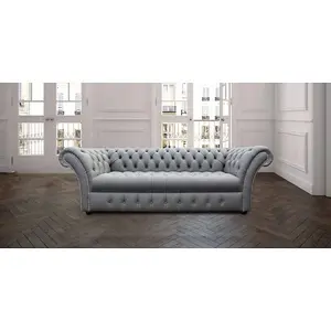 Chesterfield 3 Seater Buttoned Seat Silver Grey Leather Sofa Bespoke In Balmoral Style