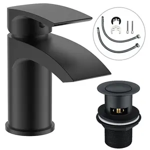 Matt Black Curve Waterfall Cloakroom Basin Mixer Tap Sink Mono Bathroom + Waste