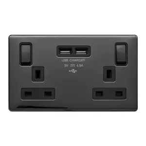 Black Nickel Screwless Plate 13A 2 Gang Switched DP Socket 2 x USB Outlet (4.8A) - Black Trim - SE Home