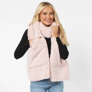 Teddy Fleece Scarf Long Thermal Soft Pockets Hand Neck Warmer Marl, Blush