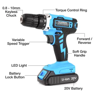 Naerok Cordless Drill 20V Electric Screwdriver Fast Charge 13 Pc Kit Li-Ion Battery Work Light & Charger Included