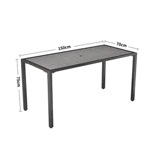 Modern Grey Rectangular Wood Effect WPC Metal Outdoor Dining Table with Umbrella Hole 150 cm