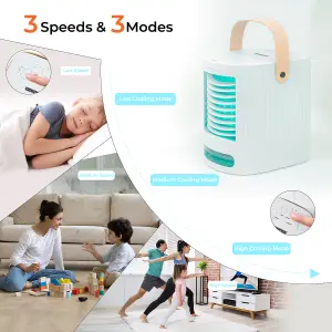 Geepas Portable Air Cooler 4 in 1 Mobile Mini Air Conditioner Fan, Humidifier with Multicolour LED Lights