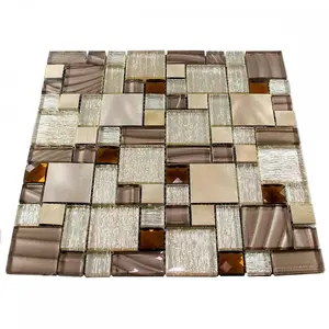 Luxury Brown, Caramel & Beige Glass & Brushed Steel Mosaic Wall Tiles Sheet 8mm