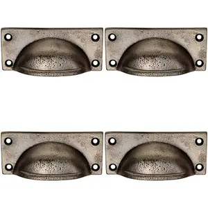 4x Square Plate Cabinet Cup Handle 90 x 40.5mm 77 x 28mm Fixings Pewter