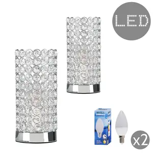 ValueLights Ducy Pair of Polished Chrome & Clear K9 Crystal Jewel Touch Table Lamps with LED Dimmable Candle Bulbs In Warm White