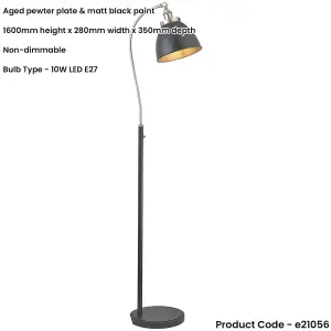 1600mm Floor Lamp - Aged Pewter & Matt Black Industrial Resto Adjustable - Standing LED Light Base & Shade