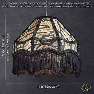 Traditional Black Victorian Empire Pendant Shade with Tassels and Golden Leaves