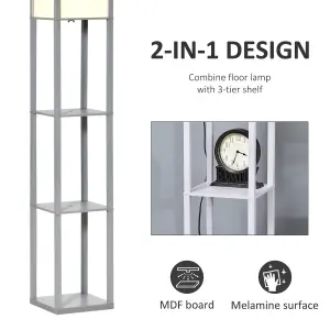 HOMCOM Floor Lamp Reading Lamp with 3-Tier Storage Shelf for Home Office Grey