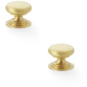 2 PACK - Stepped Round Door Knob - Satin Brass 25mm Classic Kitchen Cabinet Pull Handle