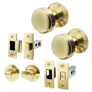 AFIT Lined Door Knob Set Polished Brass - 1 Pair of Mortice Knobs (55mm), Latch & Deadbolt Kit (76mm) & Turn & Release