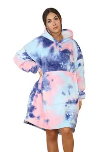 MS9 Women's Oversized Hoodie Wearable Blanket Hoodie Top With Sherpa Lining Pink and Blue