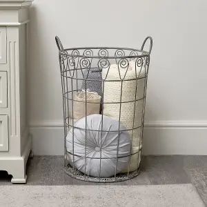 Melody Maison Large Ornate Rustic Grey Laundry Storage Basket - 61cm