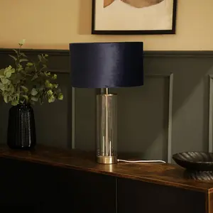 Simonetta Matt Gold and Clear Tube Table Lamp with Blush Velvet Reni Shade and 6W GLS Warm White Bulb Silver / Navy / No