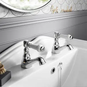 Victorian Chrome Bathroom Sink Taps, 1/4 Turn Brass Traditional Basin Pillar Taps G1/2 UK Standard Install Size 154CR