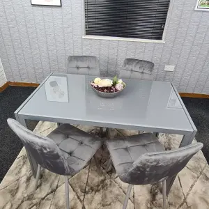 Grey Dining Table and 4 Grey Velvet Chairs Kitchen Dining Set of 4 Glass Table