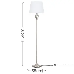 ValueLights Memphis Traditional Style Satin Nickel Barley Twist Floor Lamp with White Tapered Light Shade