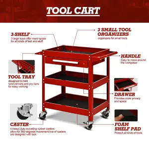 Costway 3-Tray Tool Cart Rolling Utility Cart Tray Organizer w/ Drawer & Wheels