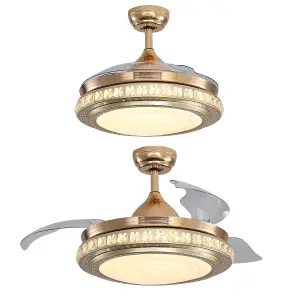 3 Blade Gold Round Crystal Diammable Ceiling Fan Light with Remote Control