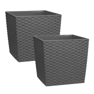 simpa 2PC Grey 10L Cubie Rattan Plastic Planters - 22cm (H) x 22cm (W) x 22cm (D)