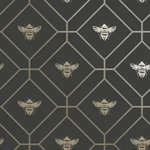 Holden Decor Honeycomb Bee Charcoal/Gold Geometric and Insects Smooth Wallpaper