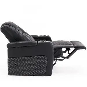 Broadway Cinema Electric Recliner Chair USB Charging Led Base (Black w White Stitching)