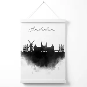 Amsterdam Watercolour Skyline City Poster with Hanger / 33cm / White