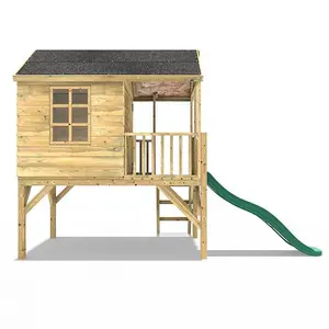 Rebo 5FT x 5FT Childrens Wooden Garden Playhouse on Deck + 6ft Slide - Partridge Green