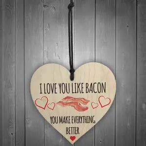 Red Ocean Love You Like Bacon Novelty Wooden Hanging Heart Plaque