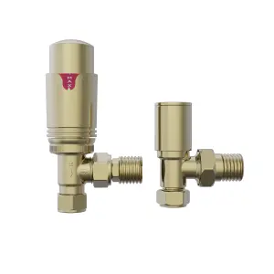 Right Radiators Brushed Brass Angled Thermostatic TRV & Manual Radiator Valves 15mm x 1/2" One Pair