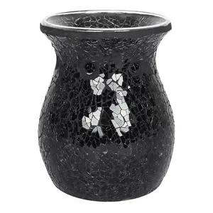 Black Glass Flared Oil, Wax Melt Burner. Mirrored Crackle Effect. H14 cm