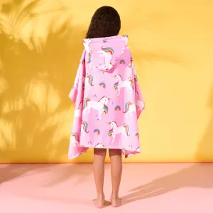 Kids Poncho Beach Towel Hooded Quick Dry Microfibre Holiday, Pink Unicorn