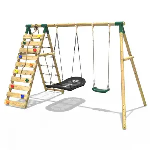 Rebo Wooden Swing Set with Up and Over Climbing Wall - Sage Green