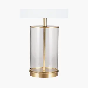 Clear Glass and Champagne Metal Table Lamp with  Ivory Poly Cotton Cylinder Drum Shade