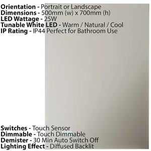 500 x 700mm IP44 Backlit LED Bathroom Mirror & Demister - Diffused Tunable White