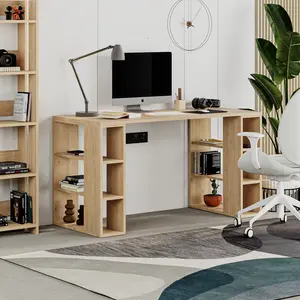 Simone Modern Desk with Built-in Bookcase – Stylish Workspace Desk with 6 Open Shelves Saphire Oak / Saphire Oak