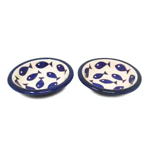 Signature Blue & White Fish Hand Painted Ceramic Set of 2 Tapas Snack Bowls (D) 12cm