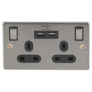 2 Gang Wall Socket Switched with 2x USB Charger Ports, Stainless Steel