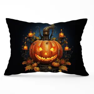 Spooy Pumpkin With Leaves And Small Candles Cushions 33cm x 48cm