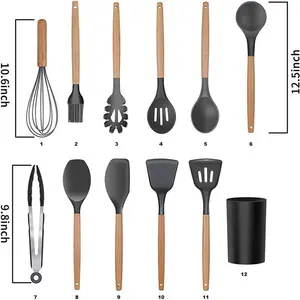 Silicone Cooking Utensils Kitchen Utensil Set, 12 Pieces Natural Wooden Handles Cooking Tool BPA Free Non Toxic Silicone Turner Tongs Spatula Spoon Kitchen Gadgets Utensil Set (Purple) Grey