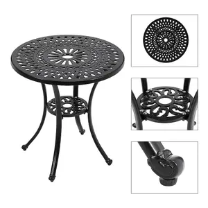 Black Cast Aluminum Round Patio Dining Table with Umbrella Hole for Outdoor Garden