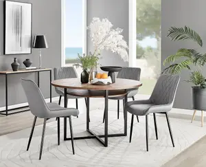 Adley Brown Wood Effect And Black Round Dining Table with Storage Shelf and 4 Grey Velvet Black Leg Pesaro Dining Chairs