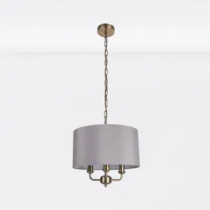 First Choice Lighting Pair of 3 Light Antique Brass Pendant Chandelier with Grey Fabric Shade