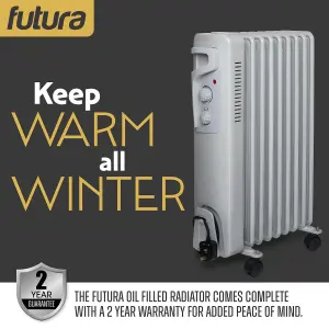 Futura Oil Filled Portable Radiator Heater 2000W 3 Heat Settings 9 Fins