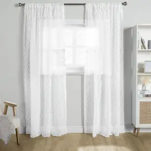 Diamond Voile Curtains Pair Textured Net Slot Top 2 Panel Set 55x87", White