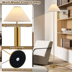 COSTWAY 162 cm Standing Pole Lamp w/ Linen Shade Gold Floor Lamp Foot Switch